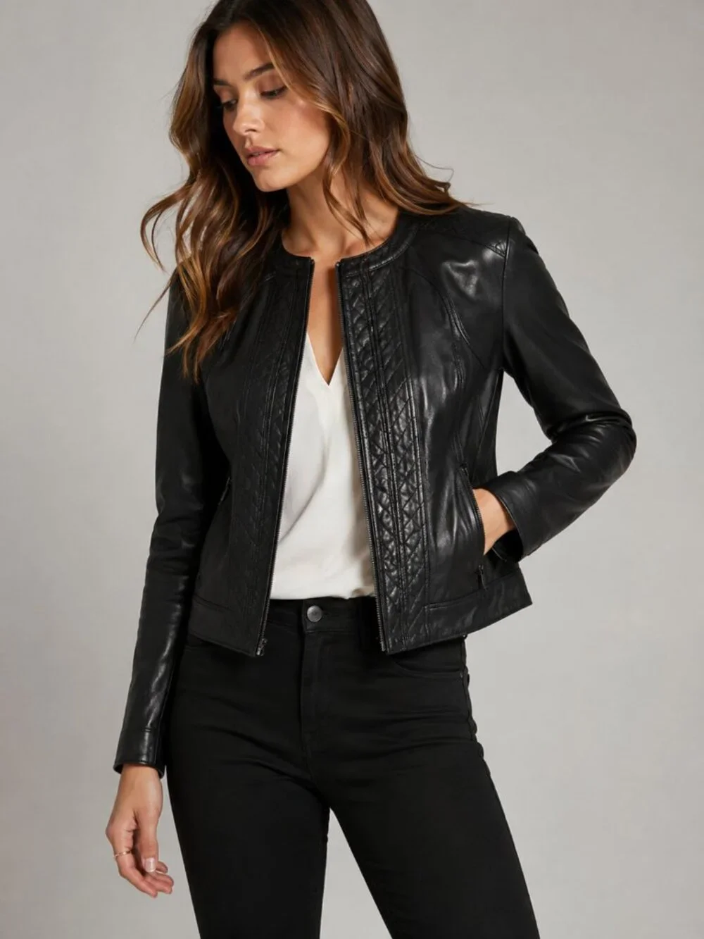 Tory Burch Daphne Black Lambskin Leather Quilted Moto Jacket Size 8-10